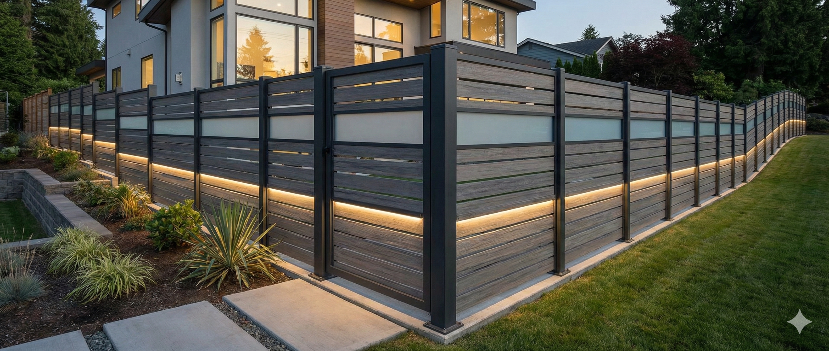 Stepped fencing installation on a steep gradient.